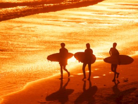 Three people are walking along the beach holding surfboards, silhouetted against a golden sunset with waves in the background.