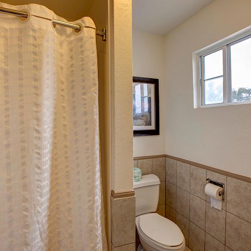 This image shows a bathroom with a toilet, a shower with a white curtain, a window, tiled walls, and a toilet paper holder on the wall.